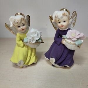 Vintage Angel‎ Figurines Pair, Holding Flower Baskets, Home Decor Collectibles